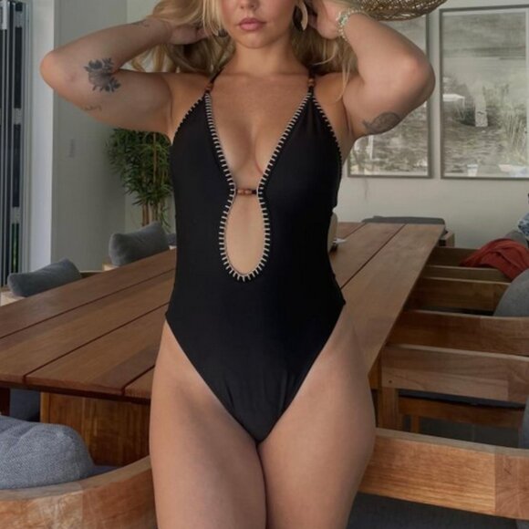 Women's Plunge Bead Detail Extra High Leg One Piece Swimsuit - Shade & Shore™ M - Picture 1 of 7